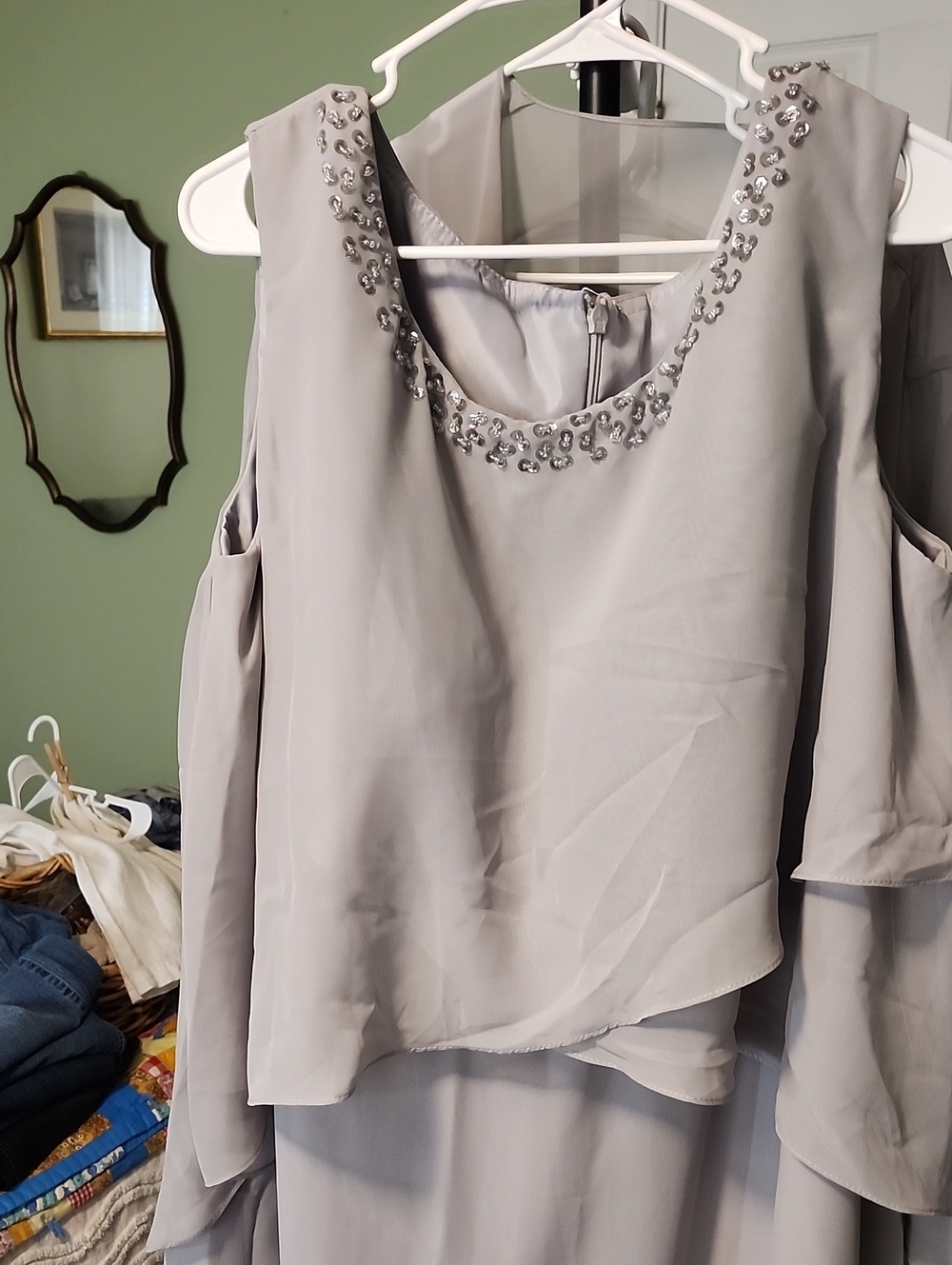 Embellished Light Gray Cold-Shoulder Chiffon Women's Top With Cape